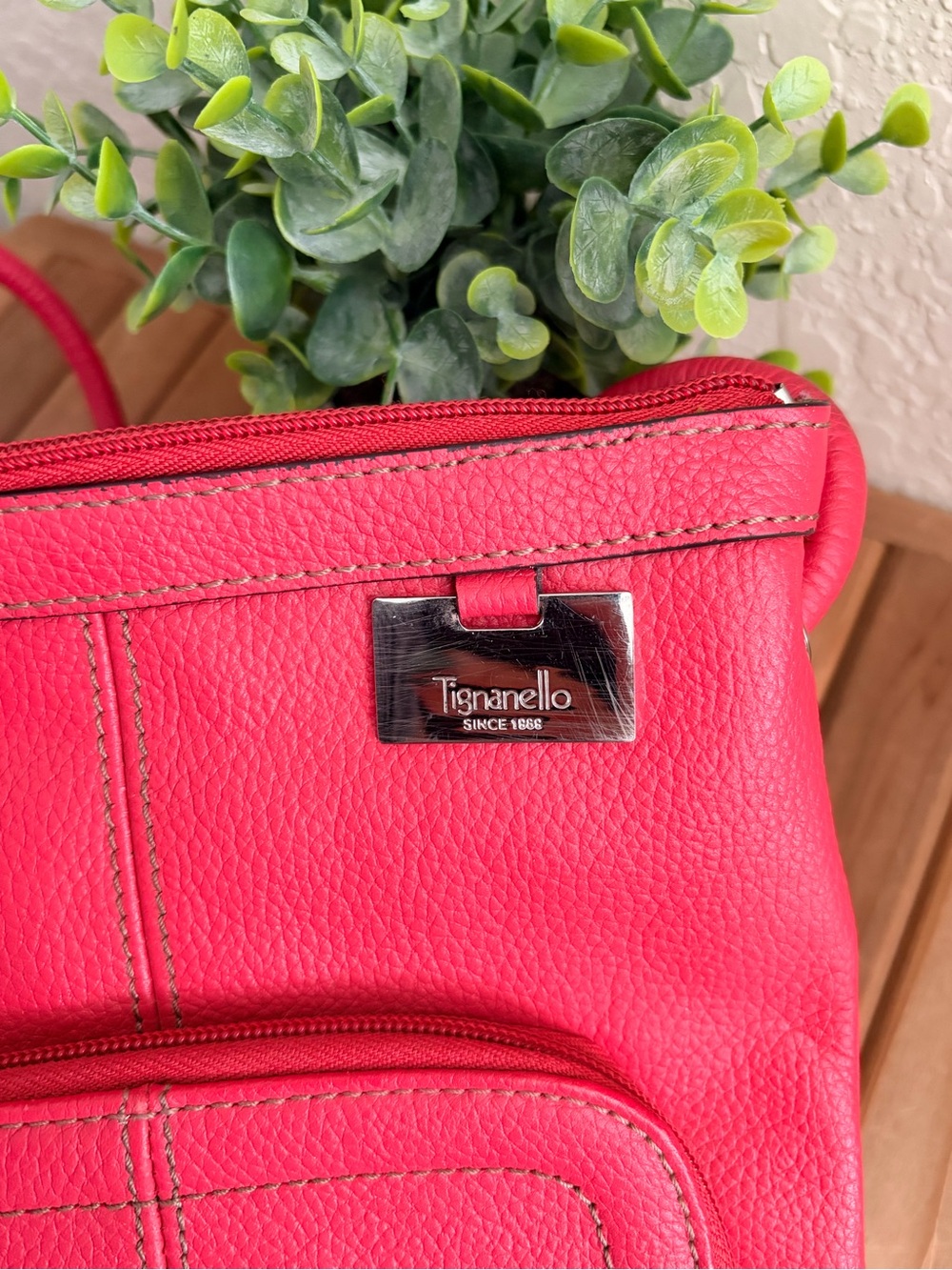 Tignanello Pebbled Leather Crossbody Bag, Coral Pink Multi-Pocket Organizer - Picture 2 of 8